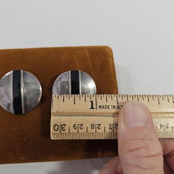 925 Sterling Silver Black Onyx Stud Earrings Statement Round Mid Century Western - Picture 4 of 8